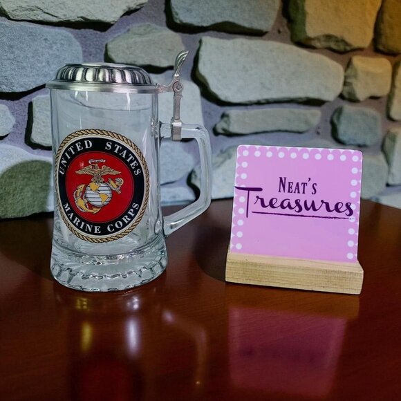 Five U S Marine Corps 20 Ounce Heavy Thick Glass Beer Stein 95% Zinn Pewter Lid - Picture 1 of 11